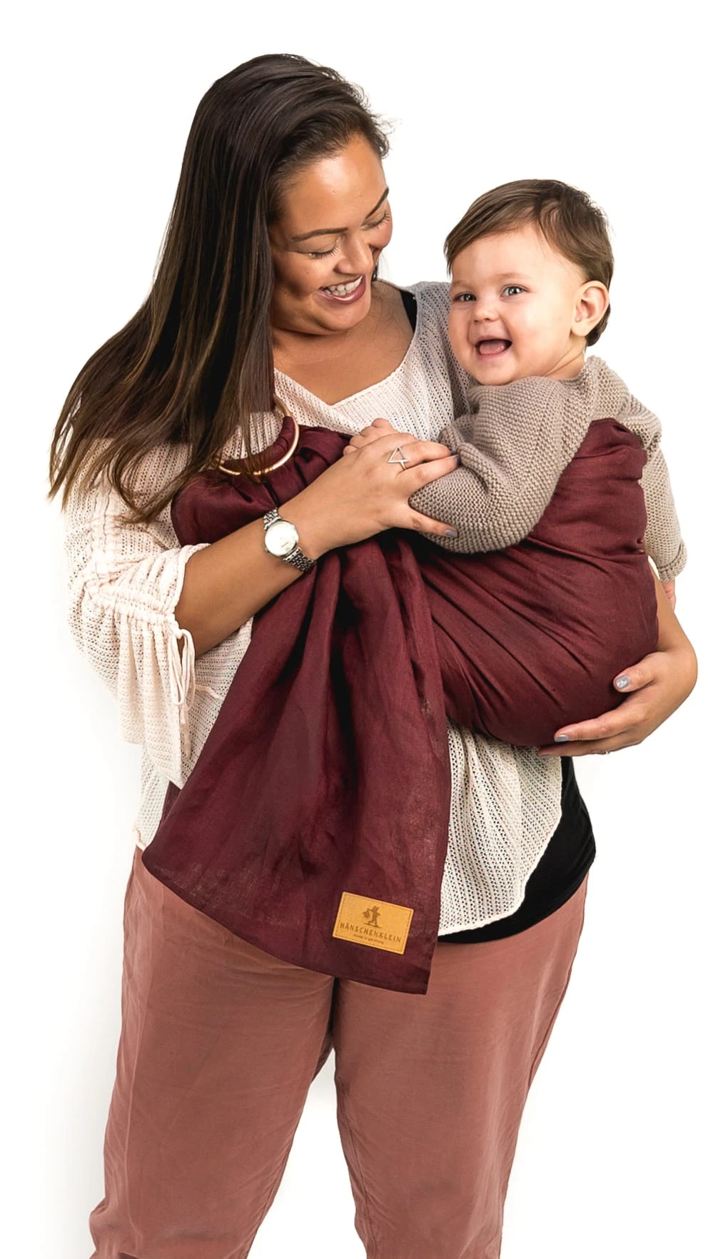 Ring Sling Tragetuch "BORDEAUX" In Bordeauxrot Mit Roségoldenen Ringen 3 Ring Sling Tragetuch "BORDEAUX" In Bordeauxrot Mit Roségoldenen Ringen
