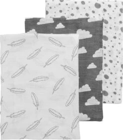 Mullwindeln Swaddles - Feather/Clouds/Dots, 120 X 120 Cm, Grau, 3er Pack