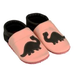 Krabbelschuhe / Lederpuschen Mit Dinosaurier In Rosa / Grau