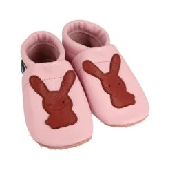 Krabbelschuhe / Lederpuschen Mit Hase In Rosa / Braun
