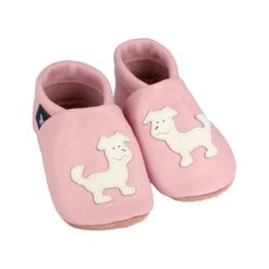 Krabbelschuhe / Lederpuschen Mit Hund In Rosa / Weiß