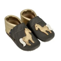 Krabbelschuhe / Lederpuschen Mit Pferd In Grau / Gold