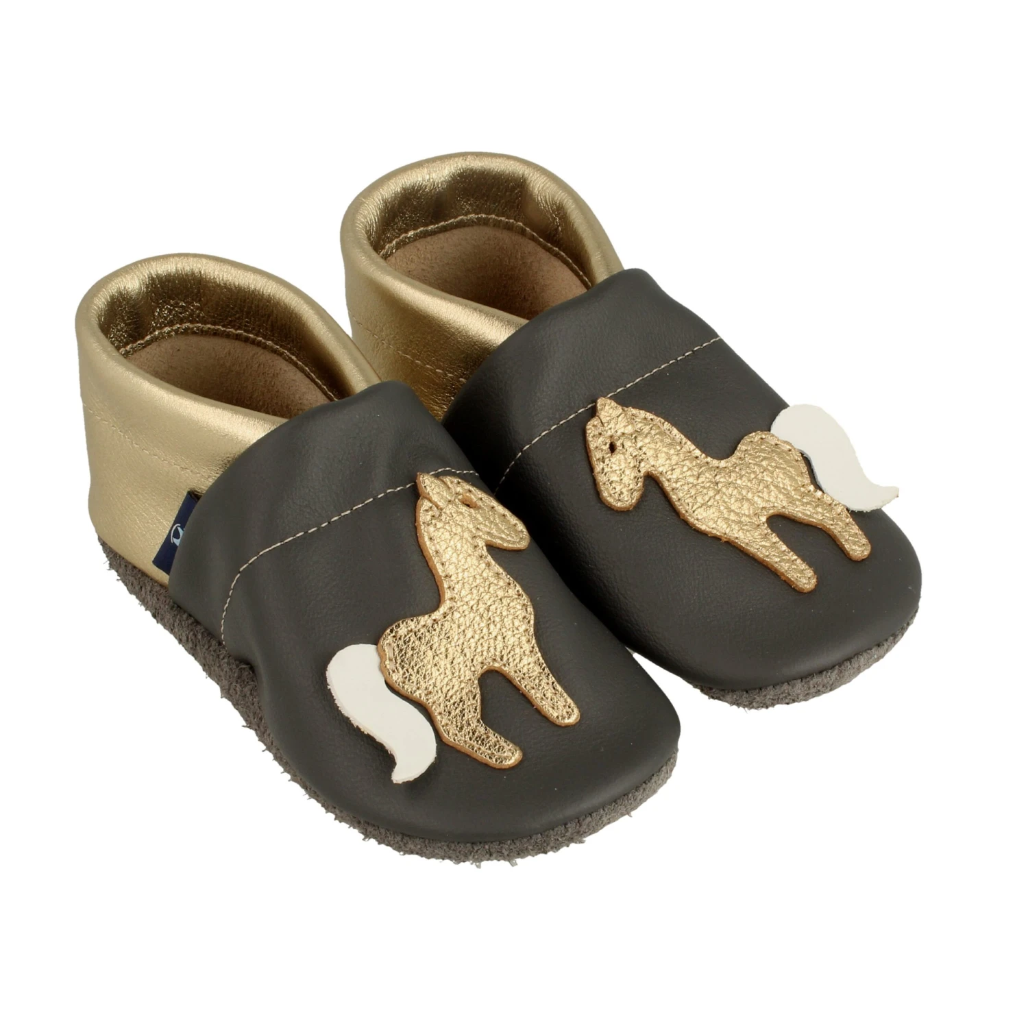 Krabbelschuhe / Lederpuschen Mit Pferd In Grau / Gold 3 Krabbelschuhe / Lederpuschen Mit Pferd In Grau / Gold