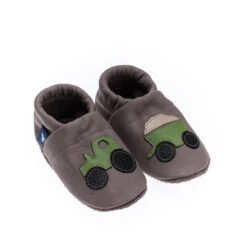 Krabbelschuhe / Lederpuschen Mit Traktor In Grau / Apfelgrün