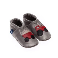 Krabbelschuhe / Lederpuschen Mit Traktor In Grau / Rot