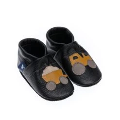 Krabbelschuhe / Lederpuschen Mit Traktor In Schwarz / Gelb