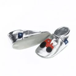 Krabbelschuhe / Lederpuschen Mit Traktor In Silber / Orange -Babyprodukte Laden pantau its a small world krabbelschuhe lederpuschen mit traktor in silber orange 2