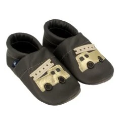 Lauflernschuhe / Lederpuschen Mit Feuerwehr In Grau / Gold